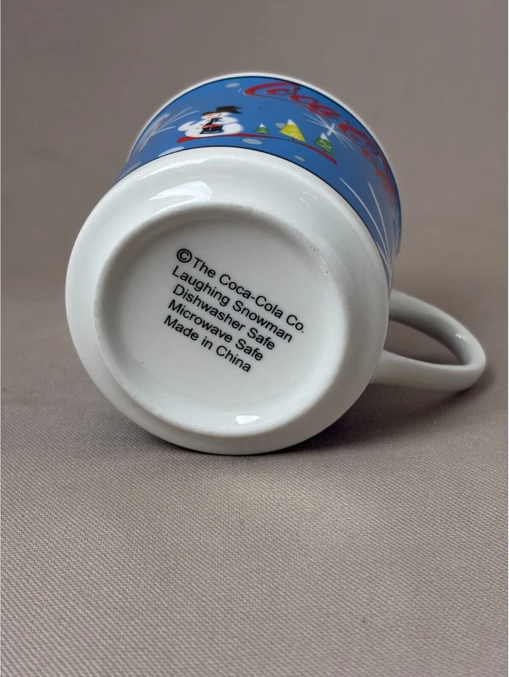 Coca Cola Laughing Snowman Coffee Mug Blue Christmas Retro Starburst Cup 10oz
